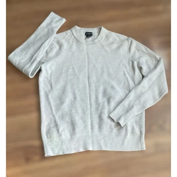 Club Monaco Men's Crew Neck Waffle Knit 100% Wool Sweater Heather Cream Beige